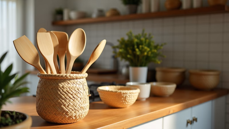 Sustainable kitchen, bamboo utensils, wooden countertop, straw baskets, natural light, Cozinha sustentável com materiais naturais.