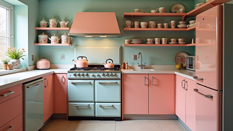 Cozinha candy color vintage com geladeira retrô e louças de porcelana.