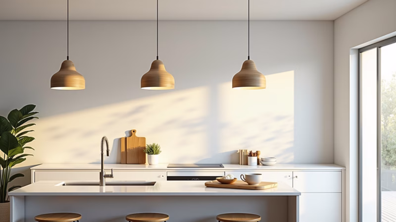 Iluminação com madeira em cozinha branca.