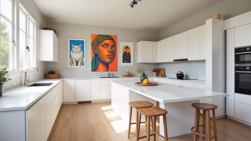 Cozinha branca com quadros e pôsteres.