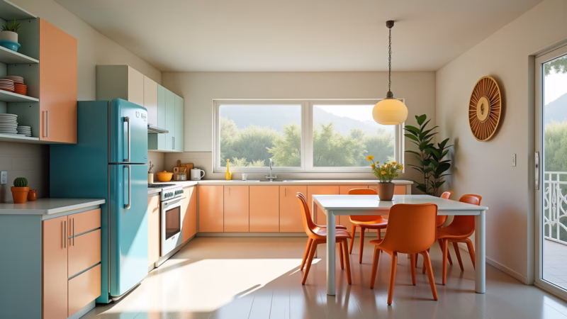 White kitchen with colorful retro appliances, vibrant style, natural light, professional Cozinha branca com eletrodomésticos coloridos.