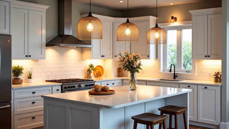 White kitchen with decorative pendant lights, warm lighting, cozy atmosphere, professional Cozinha branca com iluminação decorativa.