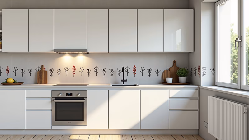 Cozinha branca com adesivos decorativos.
