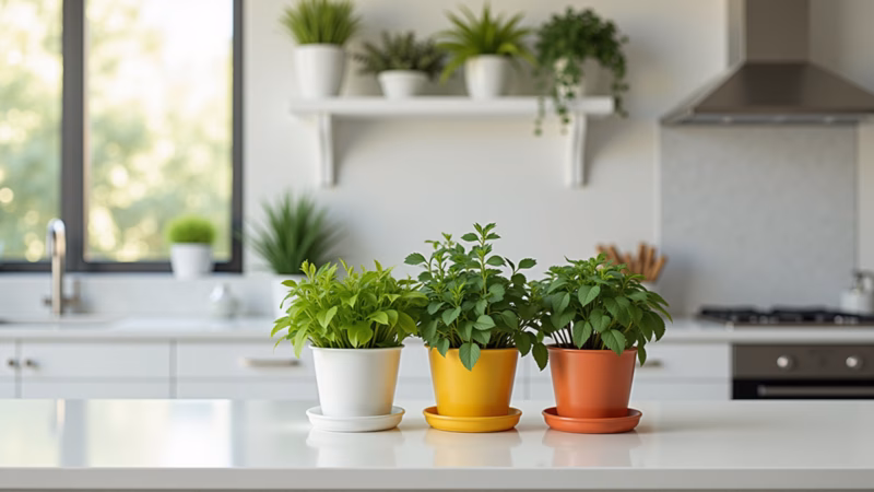 Cozinha branca com plantas e ervas aromáticas.