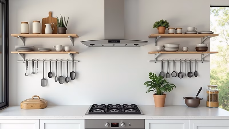 White kitchen with open shelves displaying utensils, organized space, natural light, professional Cozinha branca com prateleiras abertas.