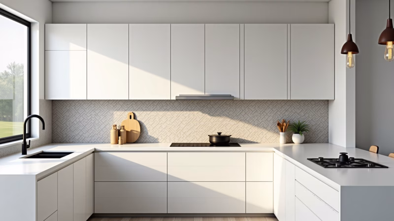 White kitchen with patterned tiles backsplash, natural lighting, modern design, professional Cozinha branca com revestimento de azulejos estampados.