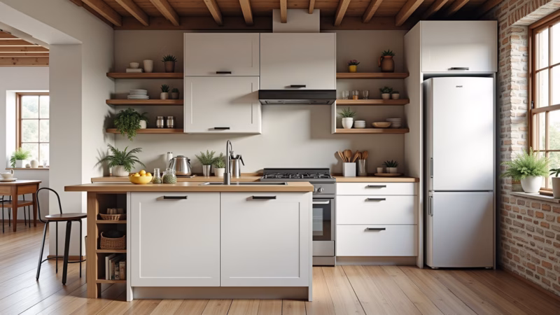White kitchen with rustic wooden details, vintage elements, cozy atmosphere, professional Cozinha branca com detalhes rústicos em madeira.
