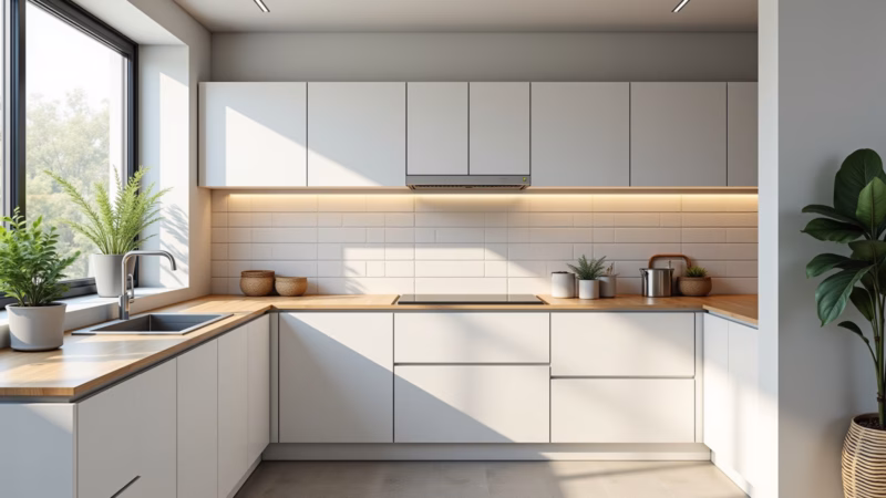 White kitchen with wooden countertop and cabinets, natural lighting, plants, professional Cozinha branca com bancada e armários de madeira.