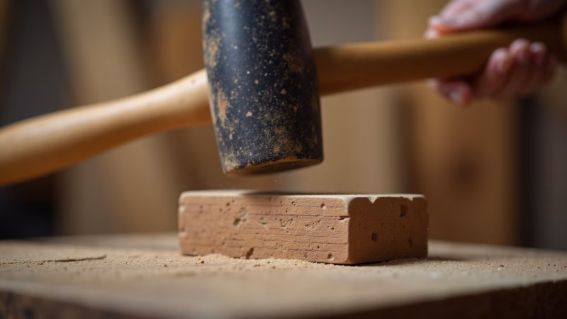 Applying controlled mallet blows to wooden block against warped gate, focus on the impact point, Alinhando portão com macete e toco de madeira.