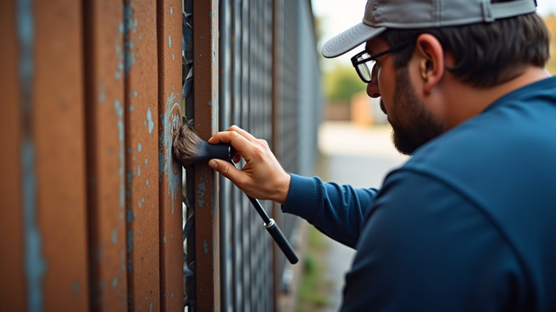 Applying rust protection to a straightened gate, preventing future warping, professional Aplicando proteção anti-ferrugem em portão.