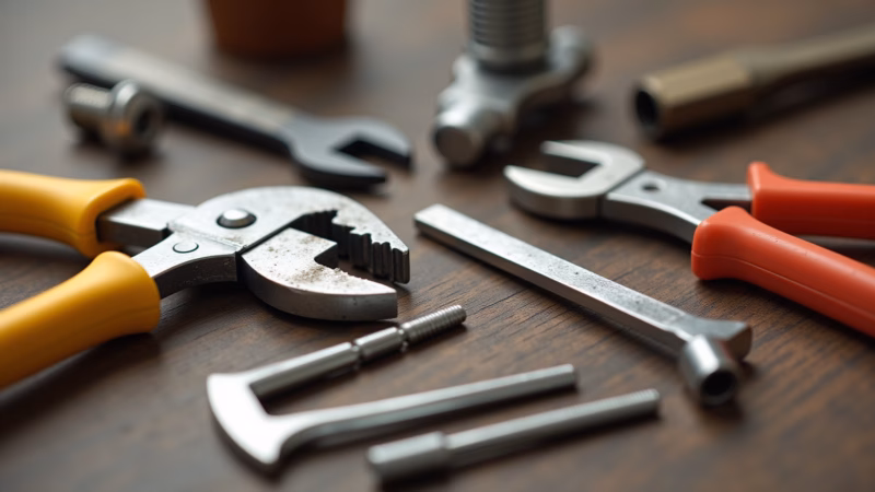 Basic metalworking tools laid out: pliers, screwdrivers, wrench, gate repair context, professional Ferramentas de serralheria para reparo de portão.