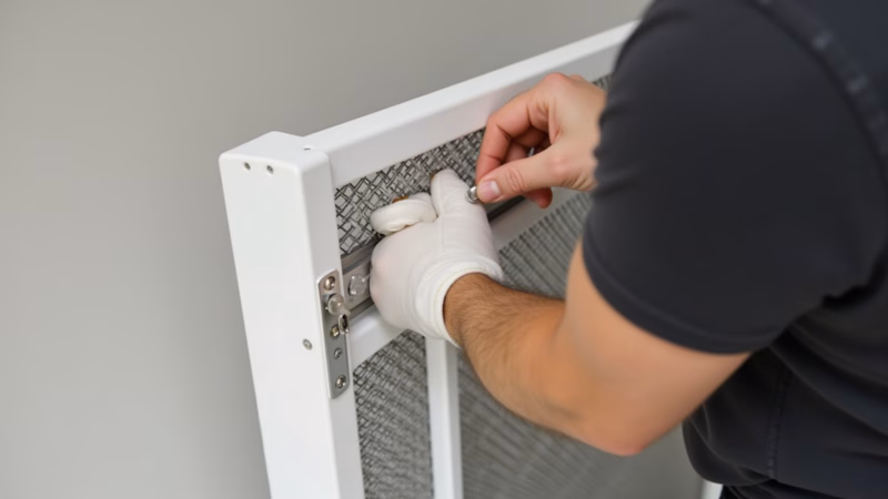 Checking gate alignment with a straight edge, ensuring a perfect fit, professional photography, 8K Conferindo alinhamento do portão com régua.