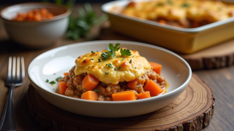 Chicken and sweet potato shepherd's pie, rustic table, warm lighting, 8k, professional photography. Escondidinho de frango com batata doce, opção saudável e deliciosa.