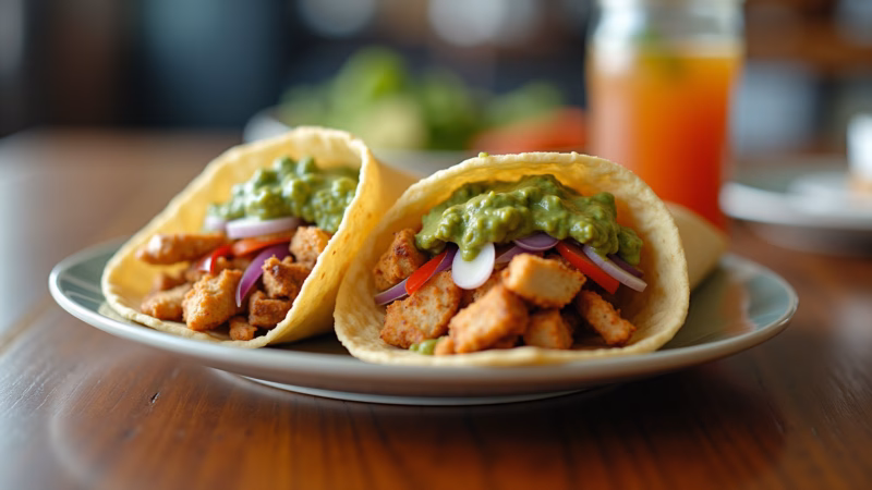 Chicken wraps with guacamole, vibrant ingredients, casual setting, natural light, 8k, commercial Wraps de frango com guacamole, práticos e cheios de sabor.