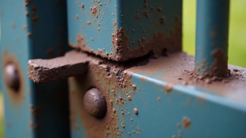 Close-up of a poorly welded gate joint, highlighting imperfections, professional photography, 8K Solda mal feita em portão.