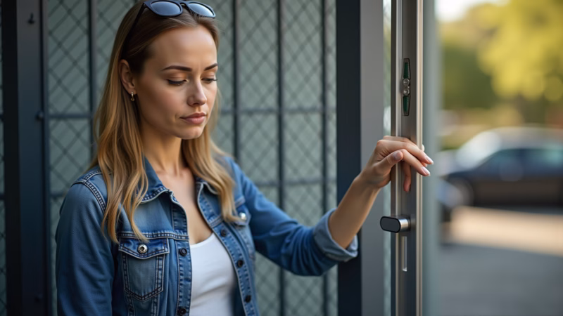 Close-up of a woman using a level to identify warping on a metal gate, natural light, professional Mulher identificando empenamento em portão com nível.