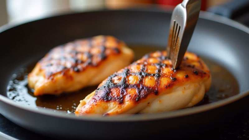Close-up of chicken breast being seared in a pan, kitchen scene, natural light, 8k, professional Peito de frango sendo selado na frigideira.