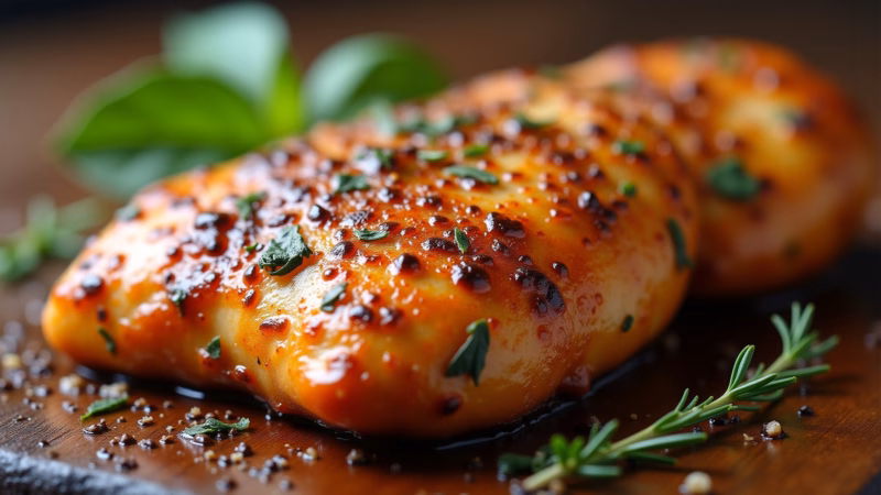 Close-up of marinated chicken breast, herbs, spices, rustic setting, natural light, 8k, Peito de frango marinado com ervas e especiarias.