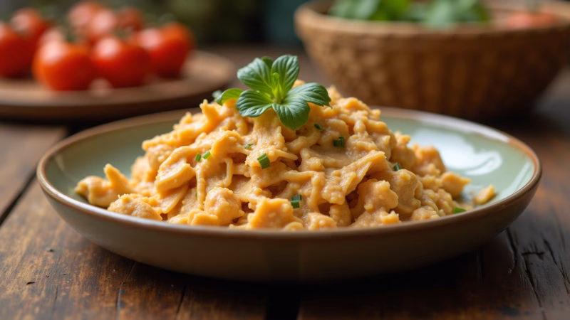 Creamy shredded chicken, close-up, rustic kitchen, natural light, 8k, professional photography. Peito de frango desfiado cremoso, receita fácil e rápida.