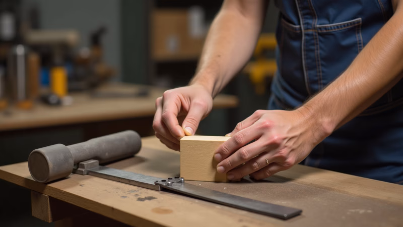 Hands preparing tools for gate straightening: wooden block, rubber mallet, and metalworking tools, Preparando ferramentas para desempenar portão.