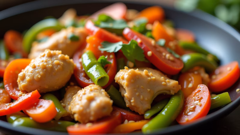 Homemade chicken stir-fry, colorful vegetables, Asian-inspired, 8k, professional photography. Frango xadrez caseiro, uma delícia inspirada na culinária oriental.