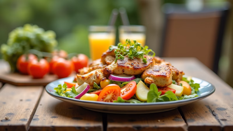 Refreshing chicken salad with colorful vegetables, outdoor setting, natural light, 8k, lifestyle Salada refrescante de frango com legumes, ideal para o verão.