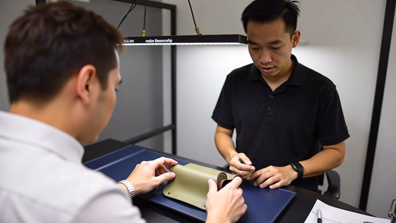 Testando produto em bolsa de couro colorida.