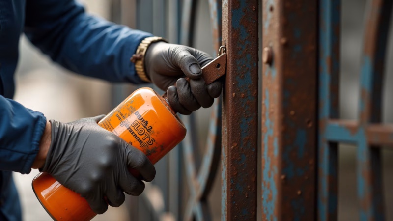 Using rust remover on an iron gate, preparing for straightening, professional photography, 8K Removendo ferrugem de portão de ferro.