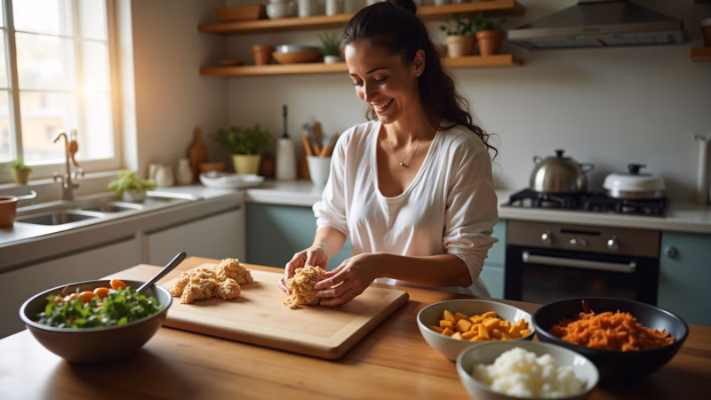 Woman preparing shredded chicken, kitchen scene, natural light, 8k, lifestyle photography. Mulher preparando peito de frango desfiado na cozinha.