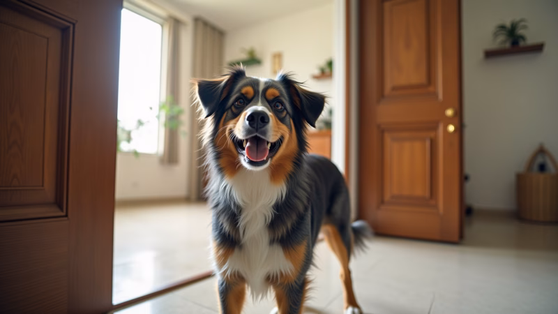 Pet-friendly home, secure environment, happy dog, Brazilian decor, lifestyle photography, 8K Ambiente seguro e confortável para animais de estimação.