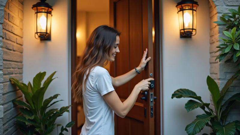 Secure home entrance, reinforced door, woman checking lock, warm lighting, plants, Brazilian design Porta de entrada segura com fechadura reforçada.