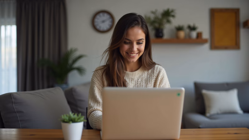 Secure Wi-Fi network, woman using laptop, online safety, Brazilian apartment, lifestyle Proteção da rede Wi-Fi para segurança digital.