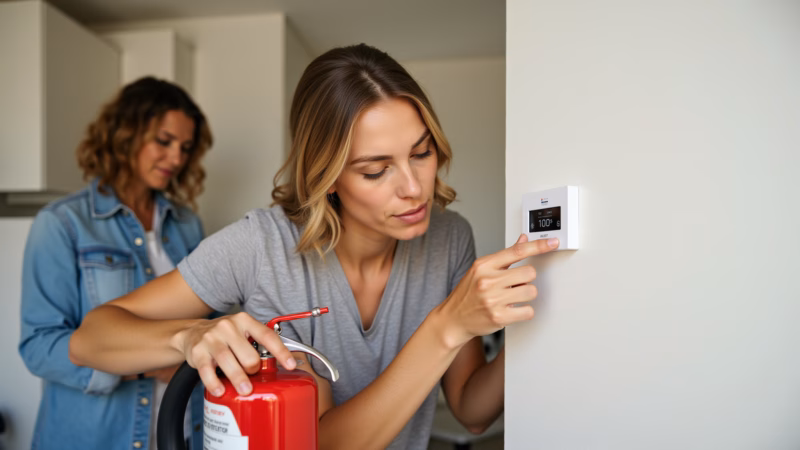 Woman checking smoke detector, fire extinguisher nearby, home safety, Brazilian interior, lifestyle Verificação de detector de fumaça para segurança contra incêndios.
