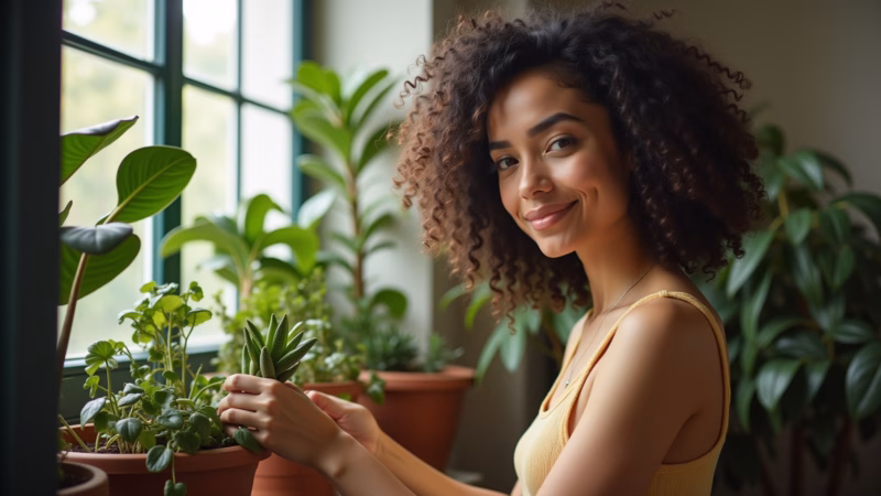 Apartamento decorado com plantas e luz natural.