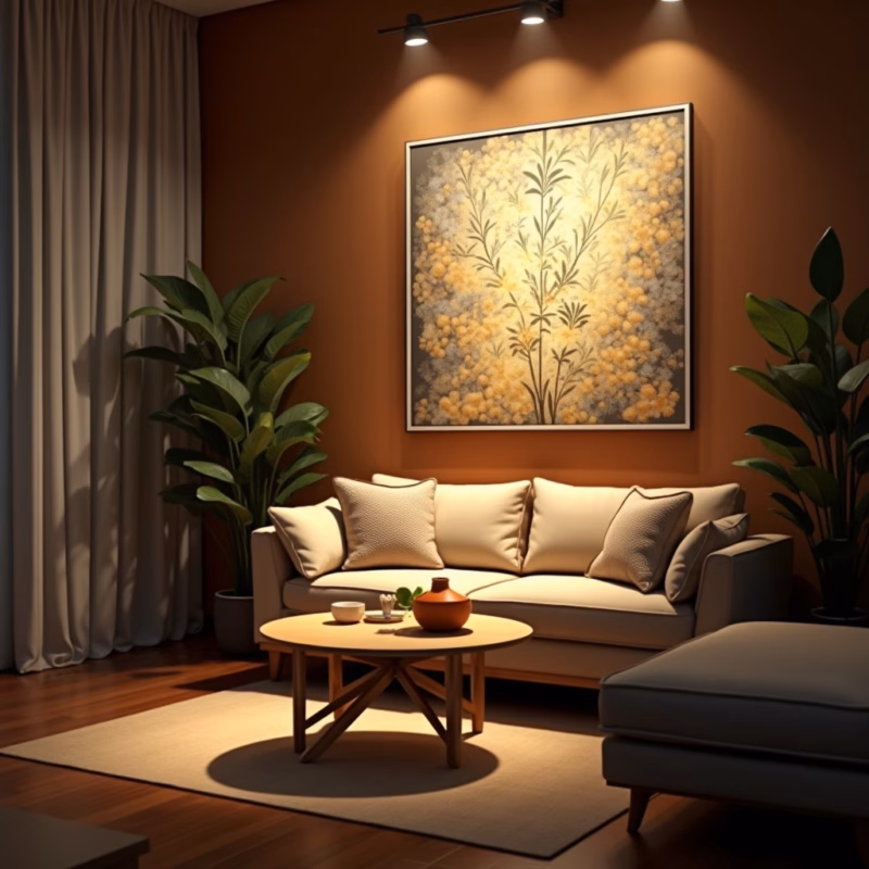 Iluminação valorizando quadros na sala.