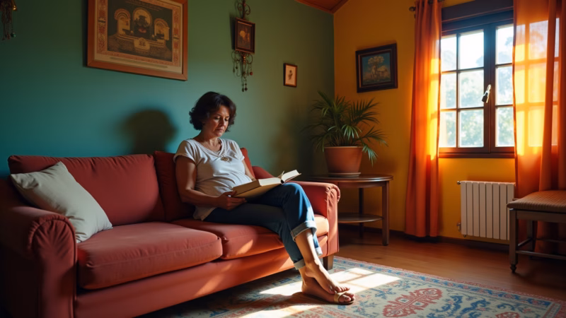 Sala de estar colorida e aconchegante em estilo brasileiro.