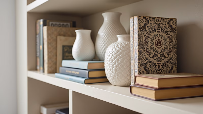 Decorative details on shelf, vases and books, natural light, lifestyle photography, 8K quality, Detalhes decorativos em prateleira, vasos e livros.