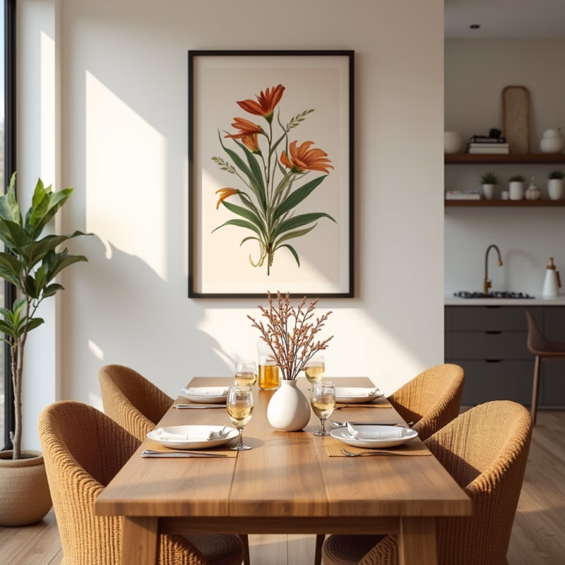 Quadro botânico em sala de jantar.