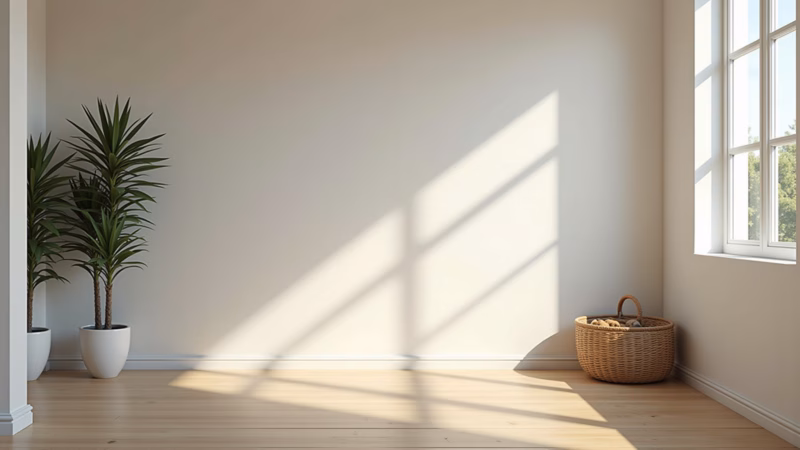 Freshly painted wall in neutral color, bright living room, natural light, lifestyle photography, 8K Parede recém-pintada em cor neutra, sala iluminada.