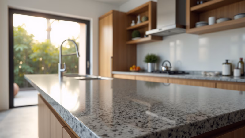 Granite countertop in modern kitchen, natural light, lifestyle photography, 8K quality, sharp Bancada de granito em cozinha moderna.