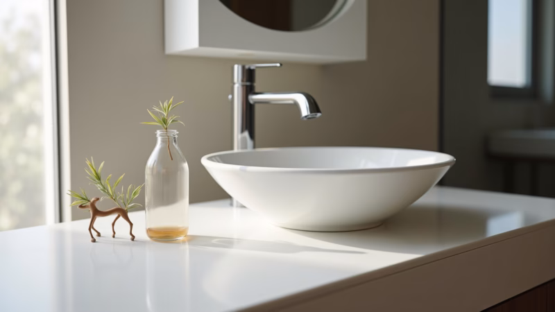 High-quality faucet and sink in modern bathroom, natural light, lifestyle photography, 8K quality, Torneira e pia de alta qualidade em banheiro moderno.