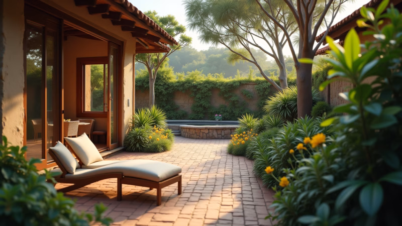 Landscaped garden, cozy outdoor area, natural light, lifestyle photography, 8K quality, sharp Jardim paisagístico, área externa aconchegante.