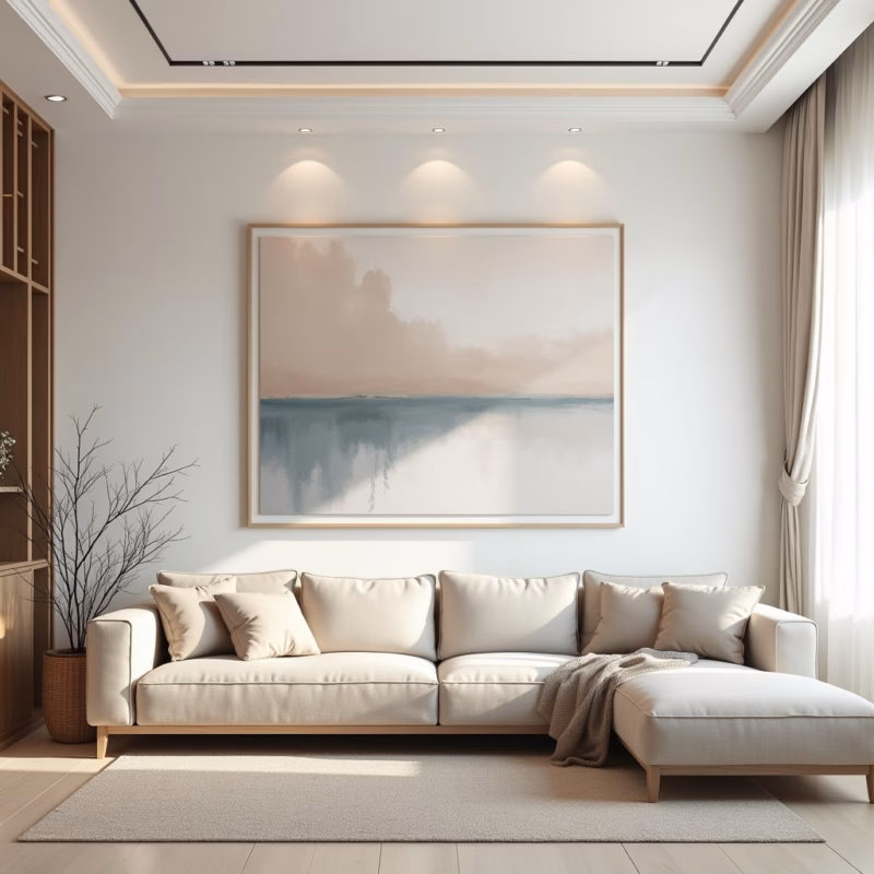 Quadro grande em sala de estar ampla.