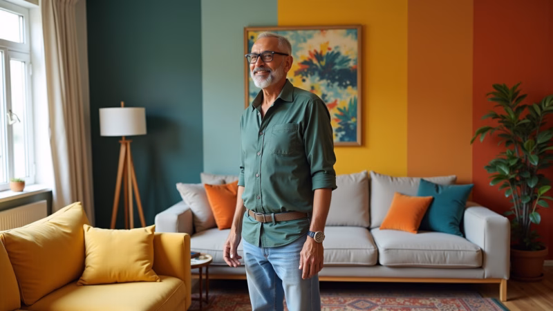 Combinação de cores na decoração da sala de estar.