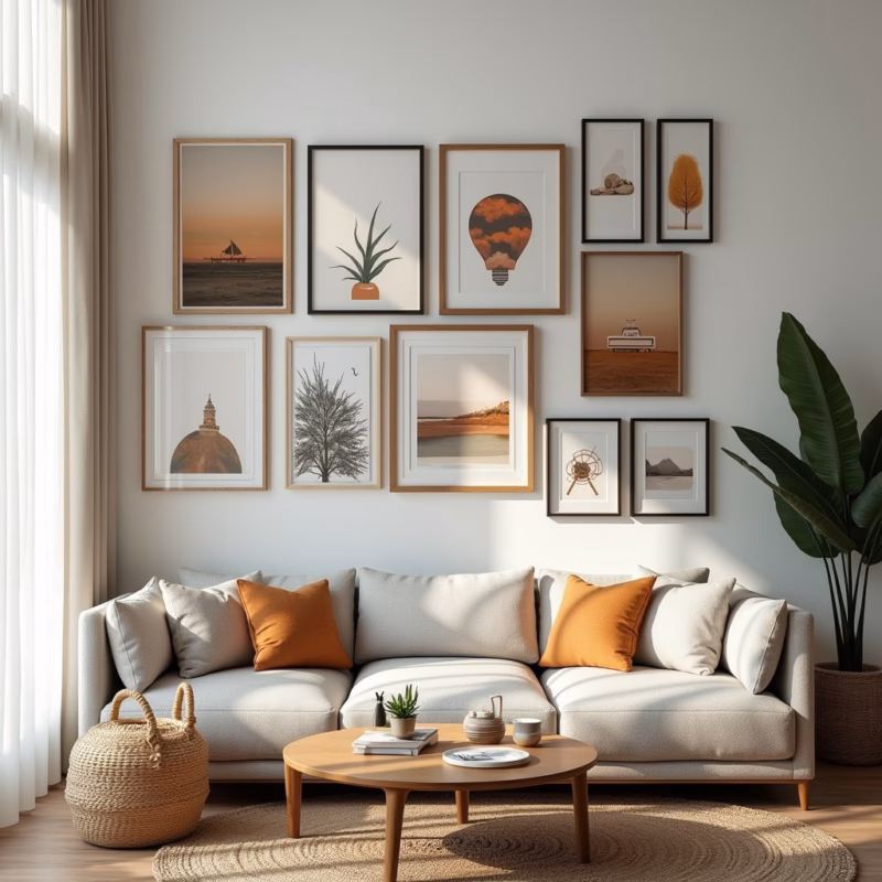 Galeria de arte em casa com quadros diversos.