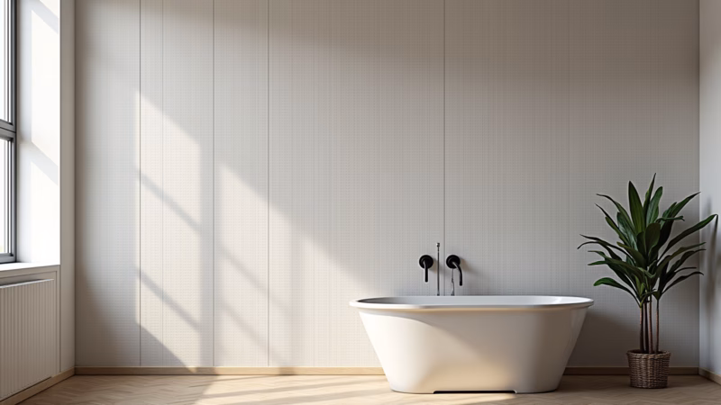 Modern wall with textured ceramic tiles, minimalist decor, natural light, lifestyle photography, 8K Revestimento cerâmico texturizado em parede moderna.