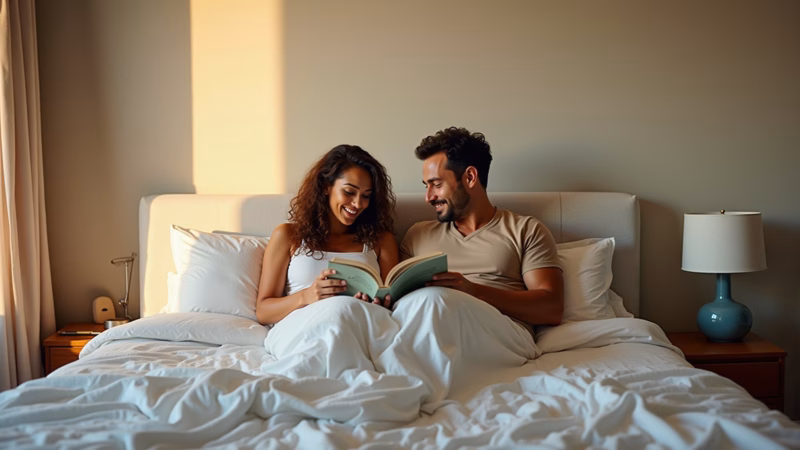 Quarto de casal personalizado com cores tranquilas e iluminação suave.