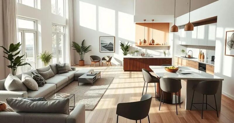 sala de estar com cozinha integrada