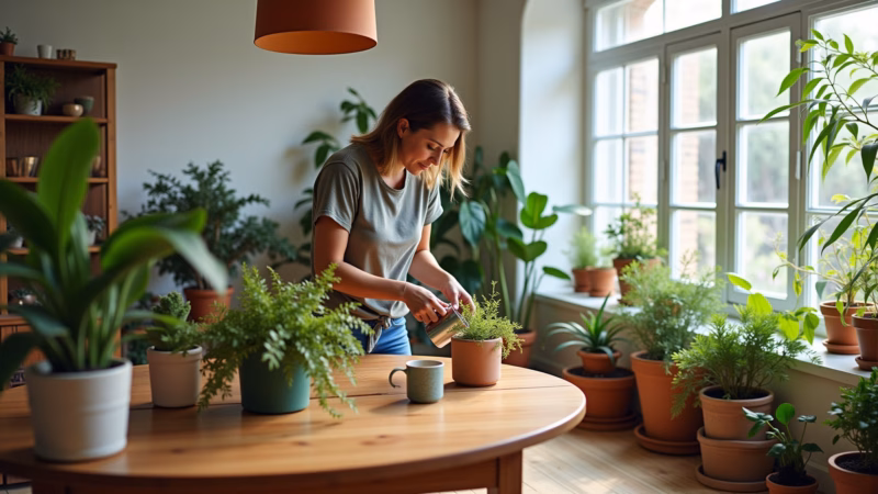 Decoração sustentável com móveis reciclados e plantas.