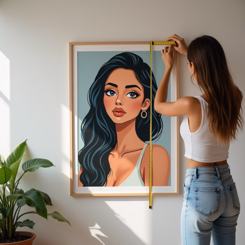 Mulher pendurando quadro na altura ideal.